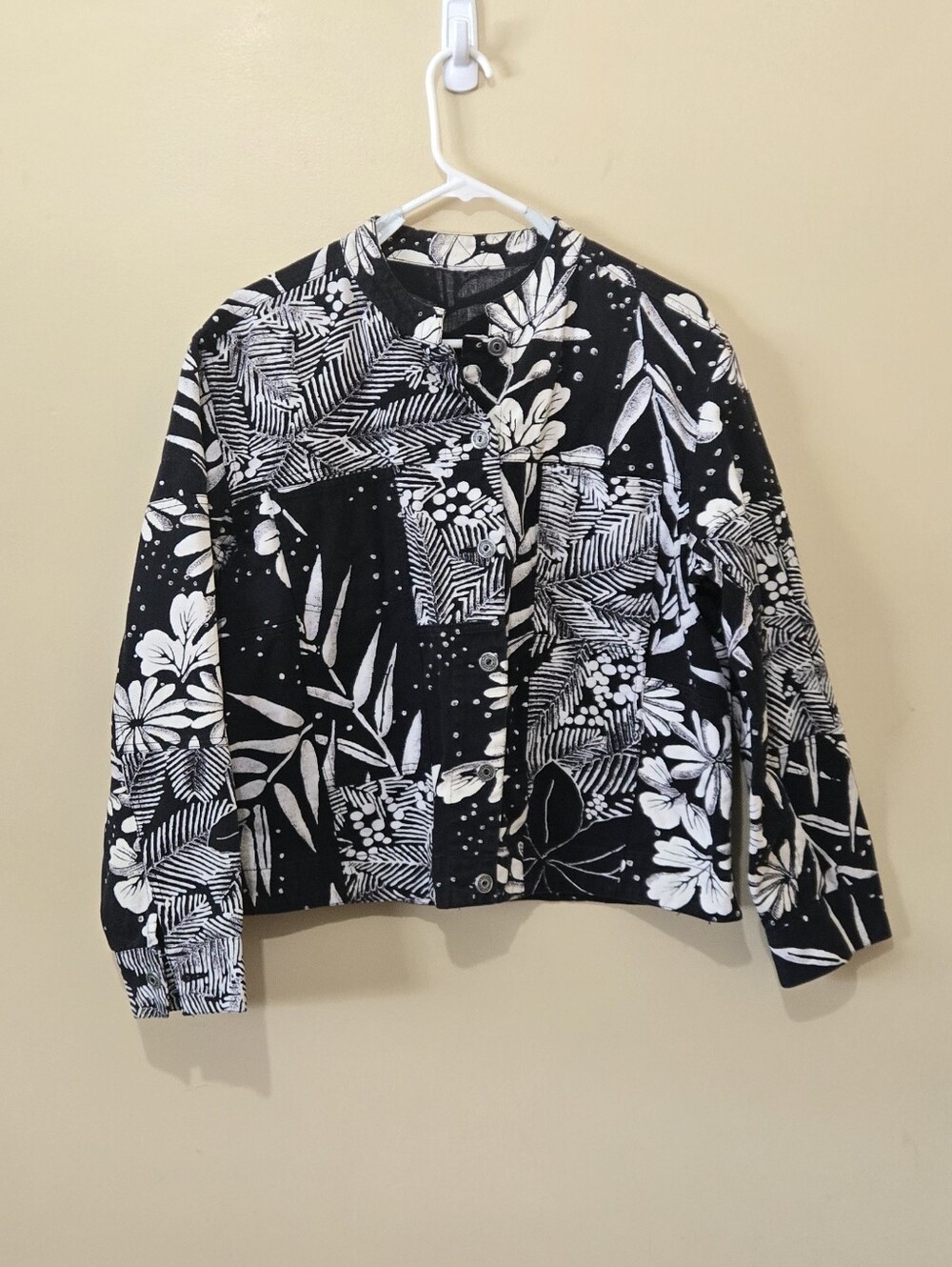 Chico's Patchwork Floral Black And White Denim Jacket